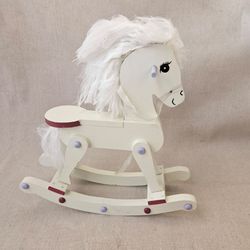 Wooden Rocking Horse Toy – White Pony with Faux Fur Mane & Tail