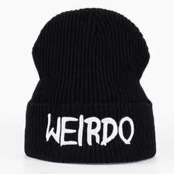 Weirdo Black Knit Beanie, Ribbed Winter Hat with Embroidered Text