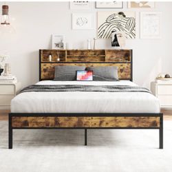 Full Size Bed Frame with Storage Headboard