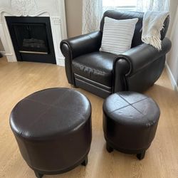 Perfect Condition Brown Leather Sofa And Single W/ottoman