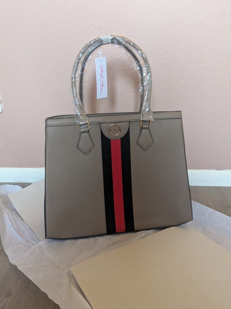 NWT Taupe Handbag with Red and Black Stripe