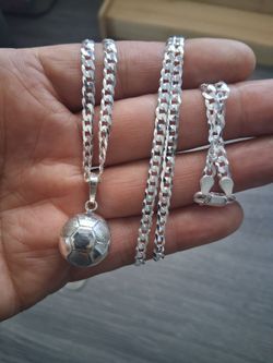 Cadena y Balon de futbol plata 925 24" 3.9mm