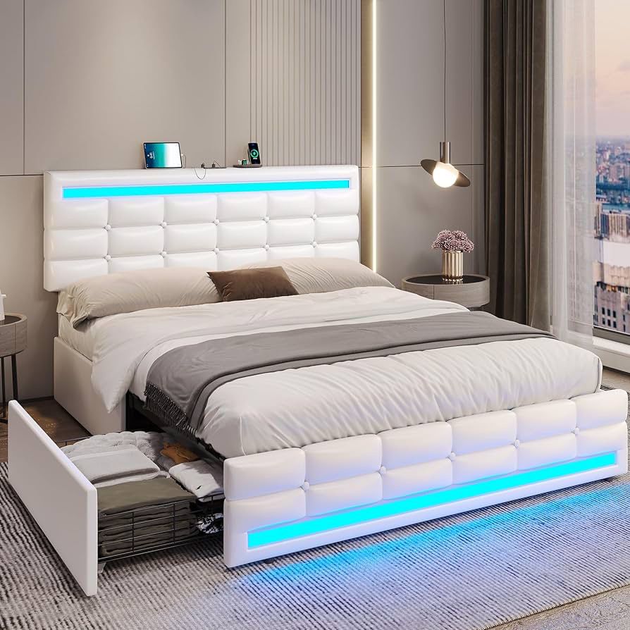 Queen Bed Frame with Drawers, LED Bed Frame with Charging Station, Pu Leather Platform Bed Frame& White
