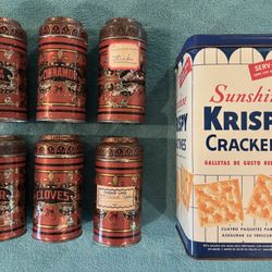 Antique Spice Tins, Cracker Tin, & Patent Medicine Bottle
