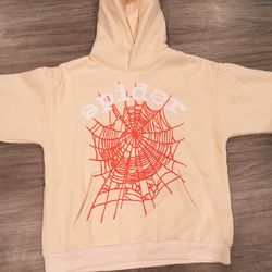 sp5der Beige Fleece Graphic Print Spider Web Hoodie Pullover Size M