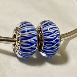 2 Murano royal blue white swirl charms 925 sterling core, fit Pandora bracelet