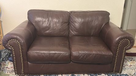 Brown Leather Loveseat with Nailhead Trim