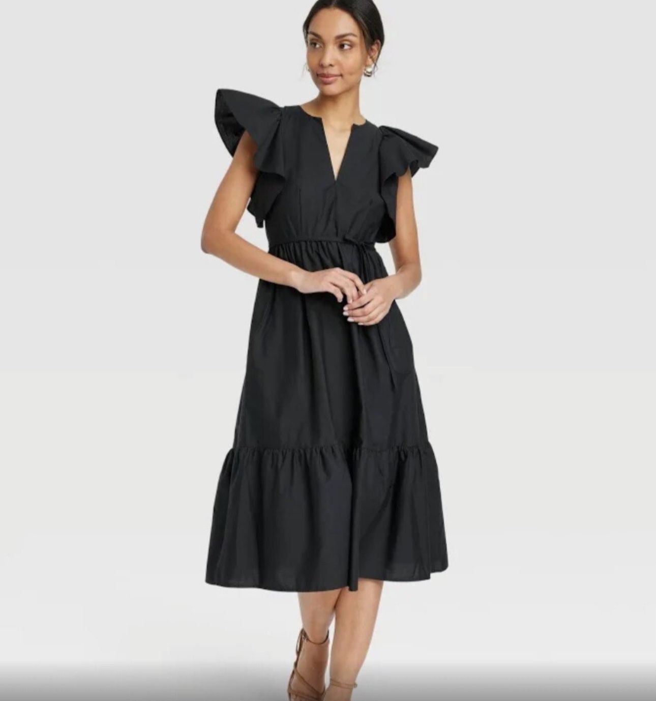 Women’s flutter short sleeve poplin tiered midi dress size small