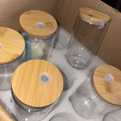 Drinking Glass With Bamboo Lids and Glass Straws