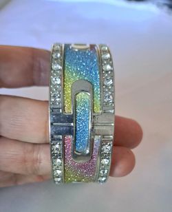 Rainbow crystal hinged cuff bracelet