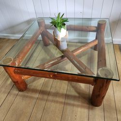 Log Cabin Style Real Wood Square Coffee Table Glass Top