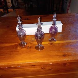 Hand Blown Arabic Vtg. Purple Etched Glass Perfume Bottles