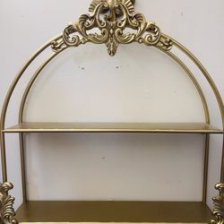 Ornate 2-Tier Gold Metal Shelf with Decorative Appliqués