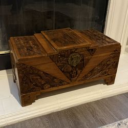 1920s Antique Large Oriental Hand Carved Dragon Stepped Top Camphor Box 24.5”L x 12.5”T x 12”D Price is firm