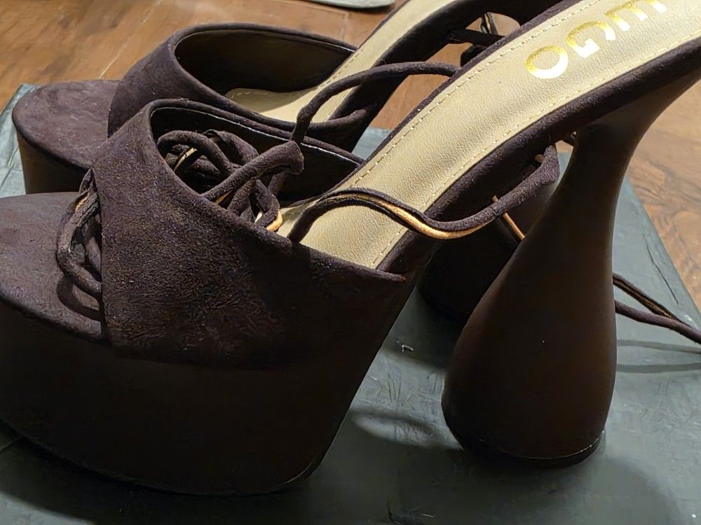 Chunky Brown Heels with Straps Size 9