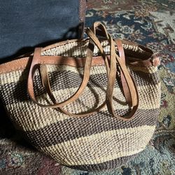 African Woven Bag With Leather Straps No Zipper