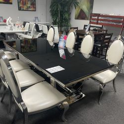 Gorgeous Modern Dining Table With Black Glass And Chrome Base With 8 Chairs 50% OFF