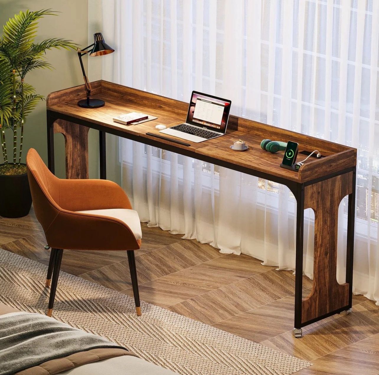 Overbed Table with Wheels, 71" Laptop Cart with Outlets & USB Ports