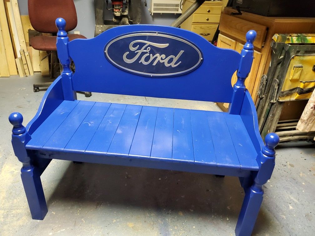 Bench Ford logo made from twin bed frame