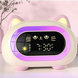 Alarm Clock for Kids, Kids Alarm Clocks for Girls with Sleep Training Dual Alarm Eye Protection Auto Off Timer 10 Color Night Light, Cat Ok to Wake Cl