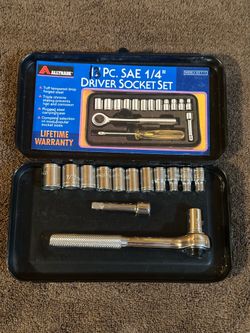 Vintage Alltrade Metal Tool Box + 1/4" SAE Sockets & Ratchet