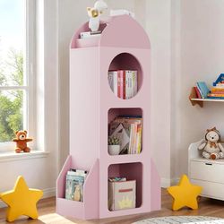 3-Tier Kids Bookshelf and Toy Storage, Rocket Space Theme Cabinet with Side Shelves, Montessori Wooden Toddler Bookcase, Display Organizer for Nursery