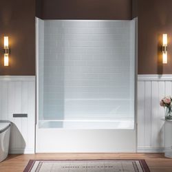 TB-6032-L/R +BATH-6032-WH64  Woodbridge 60” x 32” Four-Piece Direct-to-Stud Alcove Tub Surround with Left-Drain Soaking Bathtub Combo in White