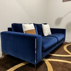3pcs White Genuine Leather & Blue Velvet Couch