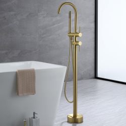 Freestanding Bathtub Faucet With Handheld Shower in Brushed Gold