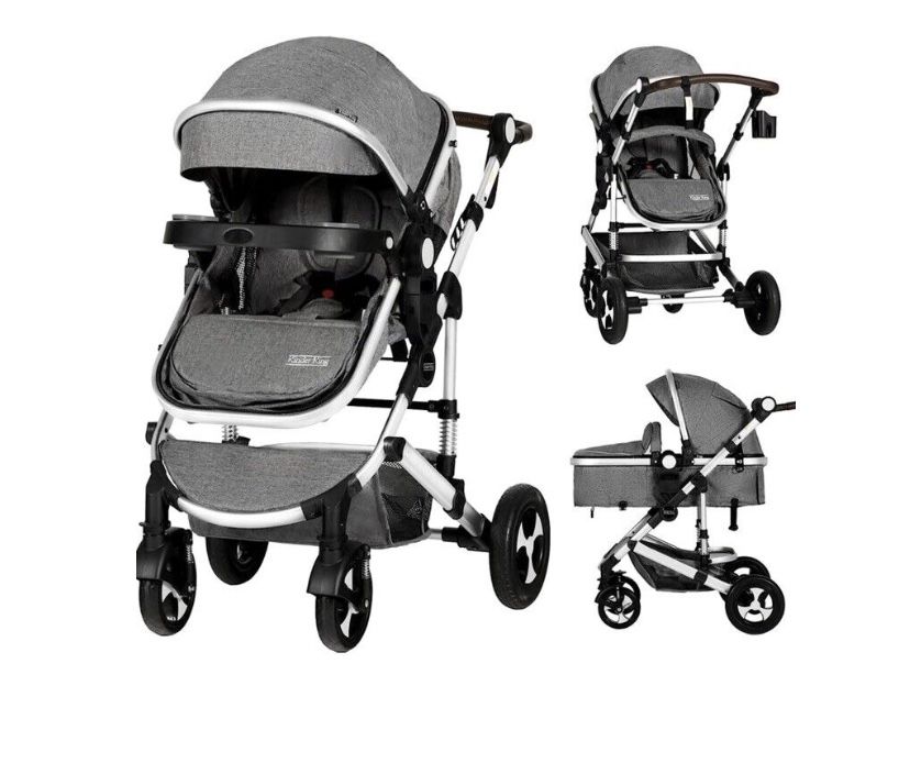 2 in 1 Convertible Baby Stroller, Folding High Landscape Infant Carriage, Newborn Reversible Bassinet Pram, Adjustable Canopy, Diaper Bag, Anti-Shock