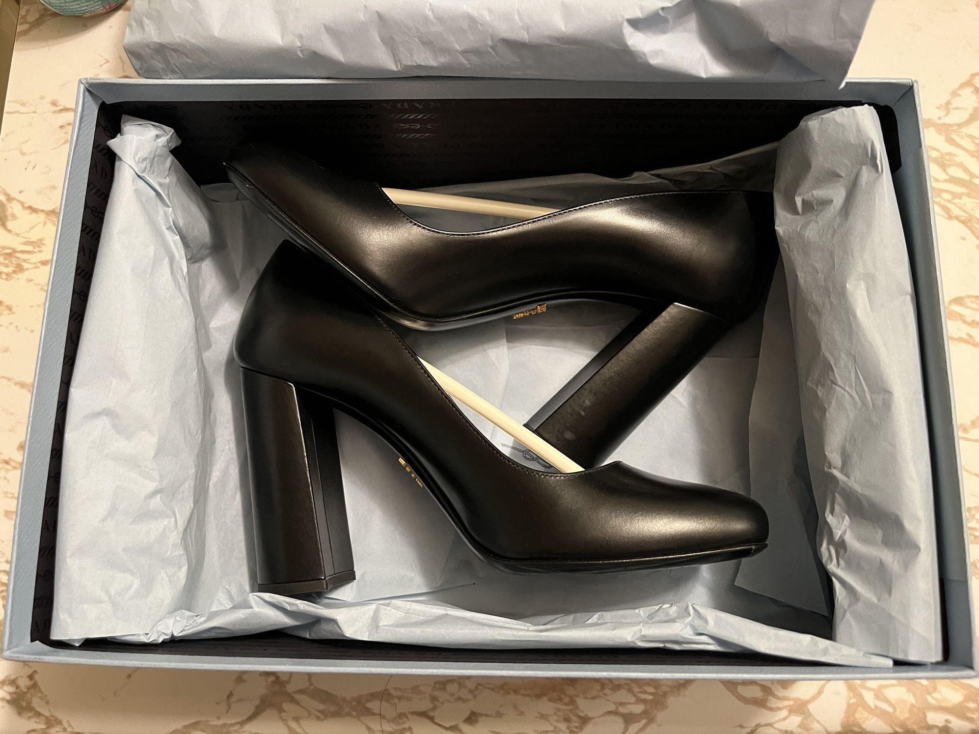 Prada Milano Decolte Black Leather Block Heel Pumps