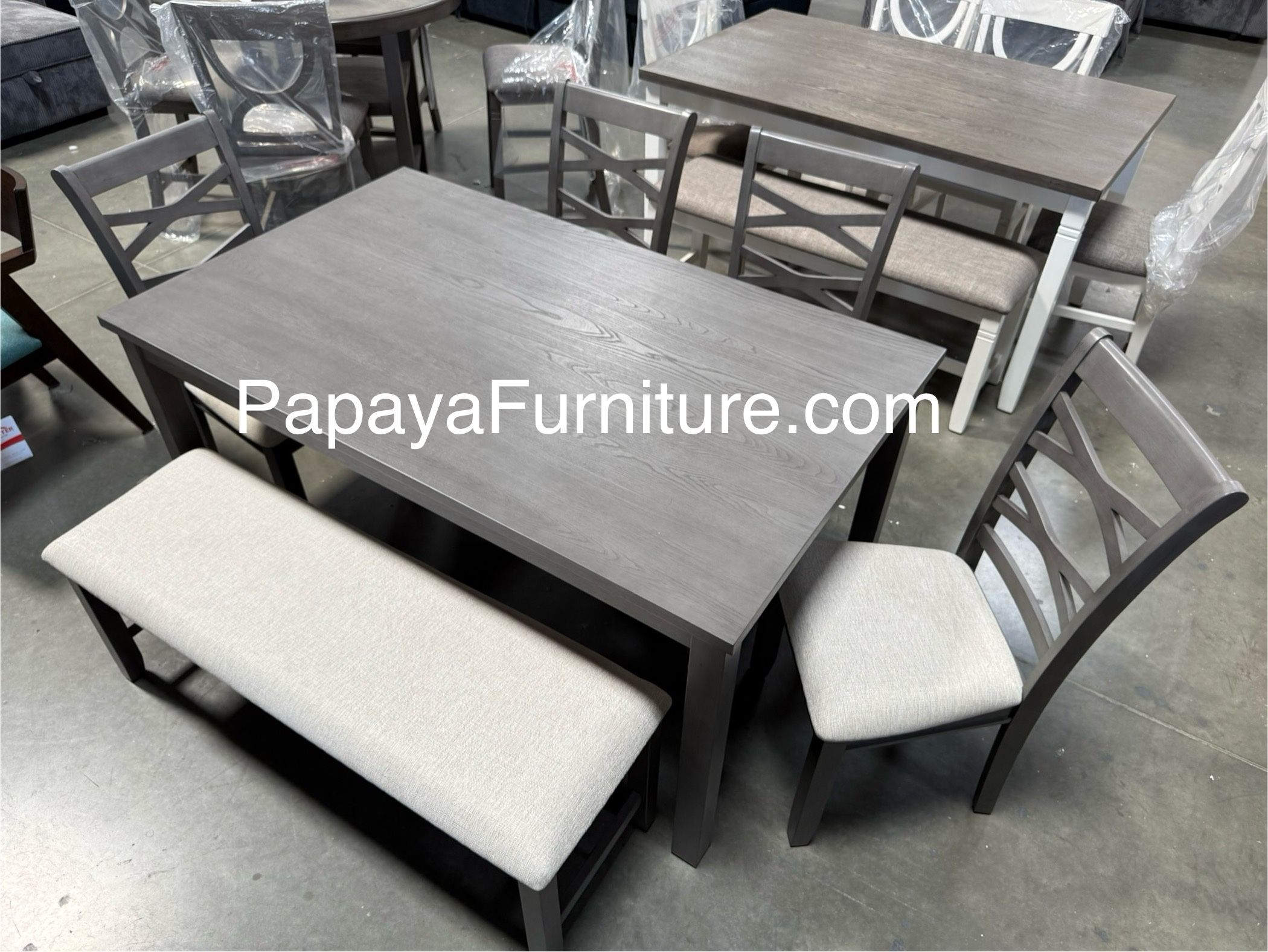 New! Grey 6pcs Dining Set, Dinette Set, Casual Dining Set, Table And Chairs, Bench, Wooden Table, Table, Chairs, Rectangular Dining Set, Grey Table Se
