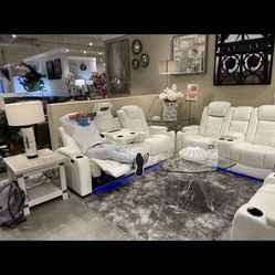 Power Reclining Sofa and Love Seat w/ Adjustable Headrest in White Leather