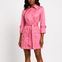 INC Y2K Hot Pink Double Breasted Trench Coat Oversized Buttons Belted Medium M