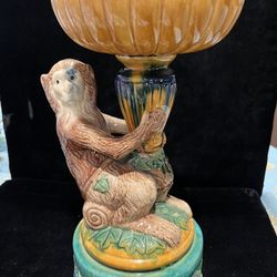 Vintage Majolica Monkey With Bowl On Head 