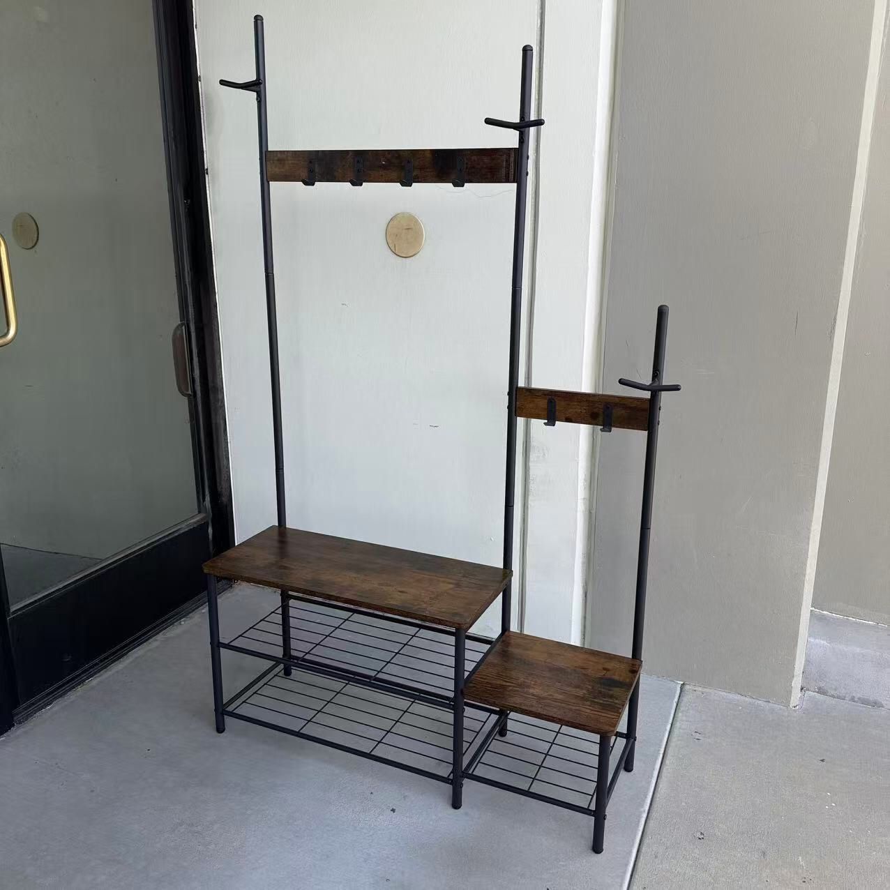New In Box 40x13x68 Inch Tall Garment Clothing Hanging Rack Shelf Shoe Storage Rack Bench Rustic Brown