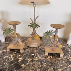 Vintage Palm Tree With Monkey And Banana Lamp With Matching Candle Holders