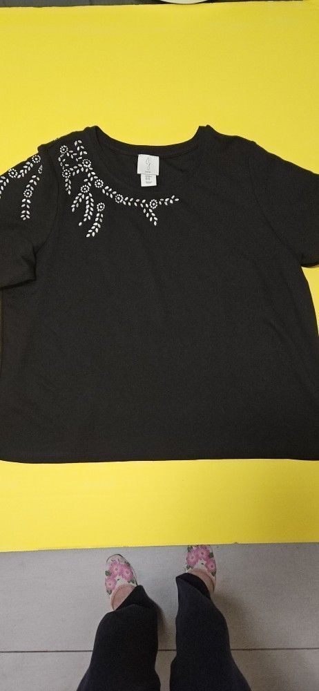 Jose Black Top With Floral Rhinestone Beaded Design Med