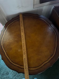 Vintage French Provincial Leather Top Drum Table, Gold Tooled, Pedestal Base, Drawer