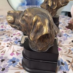 Vintage Pair of Dog Head Bookends Metal Antique Brass Bronze Finish Retrievers