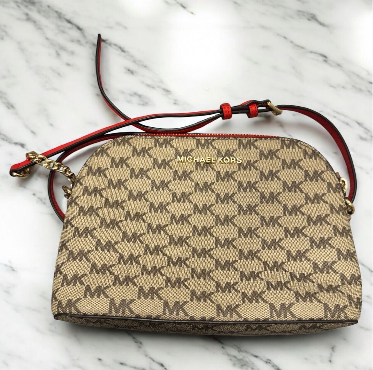 Michael Kors MK Signature Khaki Brown Dome Crossbody Bag with Red Trim & Strap