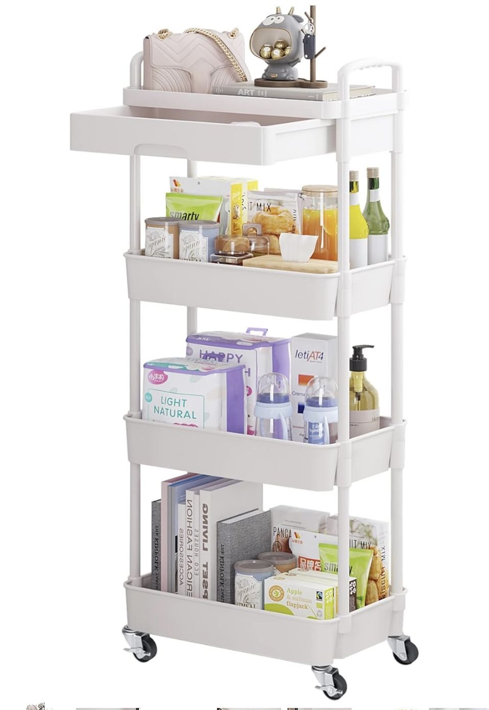 Calmootey 4-Tier Rolling Utility Cart with Drawer, Multifunctional Storage Organizer with Plastic Shelf & Metal Wheel, Storage Cart for Kitchen,Bathro