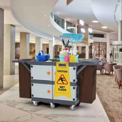 🔥On sale🔥 Commercial Janitorial Cart with 4 Cabinet, Hotel Cart Housekeeping Room Service Cart Hand Push Utility Cart with Wheels, Cleaning Cart wit