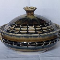 Tan Blue Brown Marbled Ceramic Dish With Lid Glazed Ceramic Bowl Home Kitchen Decor 