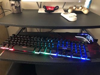 Gaming monitor, LED keyboard and mouse, HP Pavilion 22xw, and PS4 