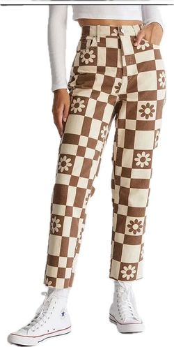 Brown Checkered Daisy Print High-Waist Jeans