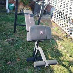 Weight Bench With 2 Bars And Weights And Weight Stand.
