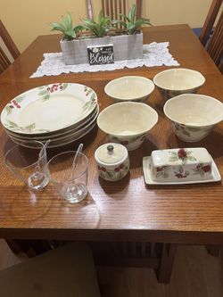 Christmas Plates, Bowls And Sugar, Butter Etc