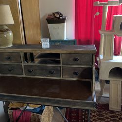 Rustic Secretary Desk. All wood with wrought iron legs. 