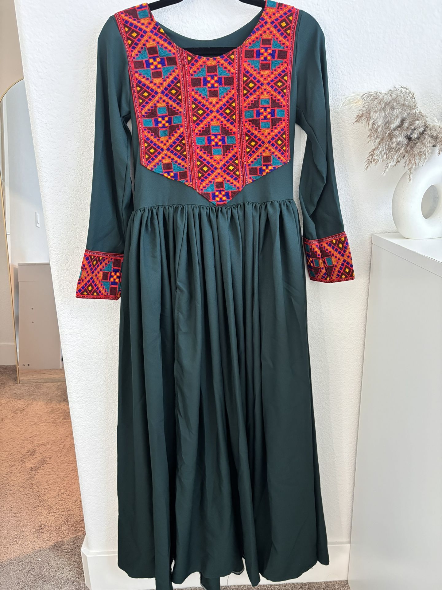 Traditional Afghan Dress – Forest Green with Bold Embroidery